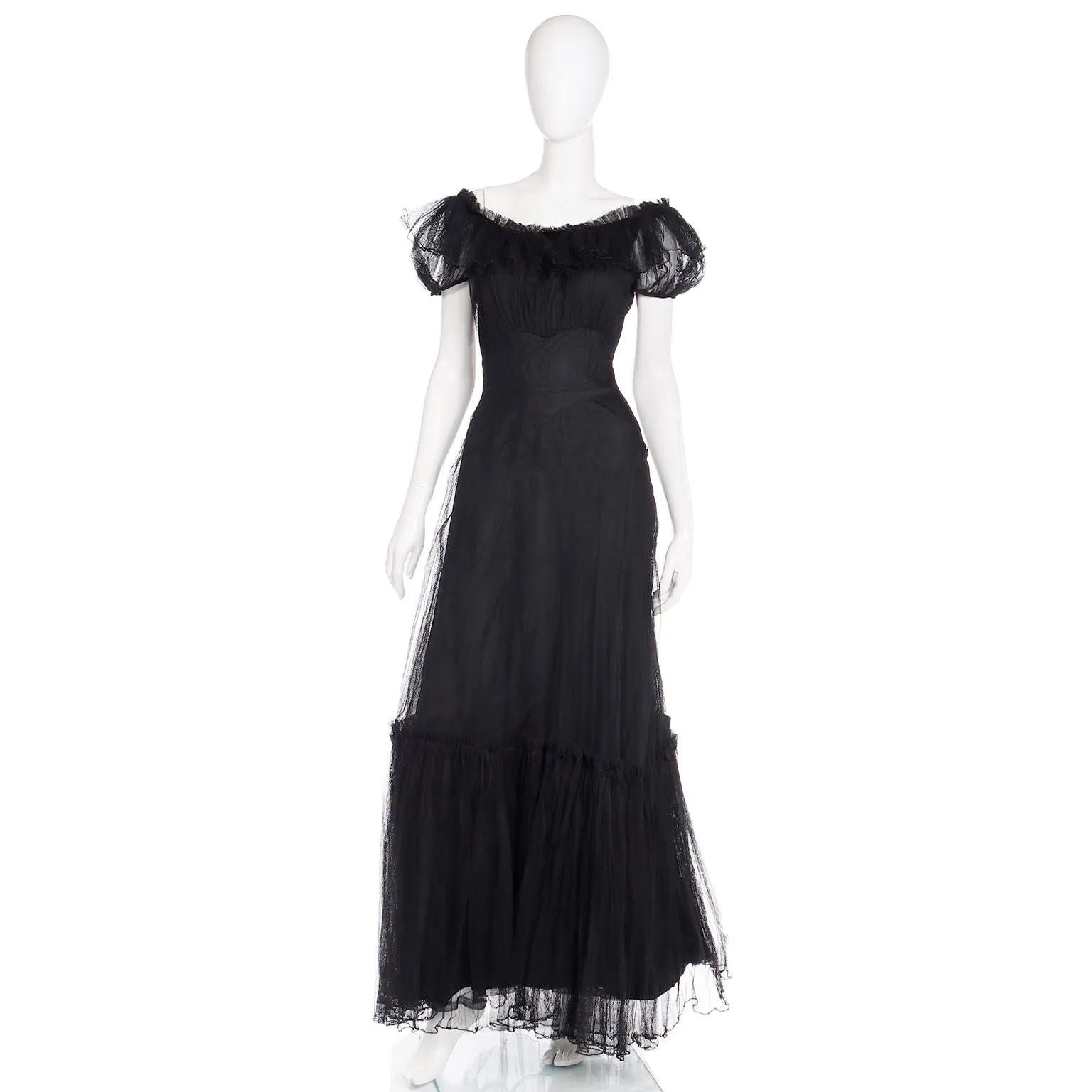 1940s Vintage Emma Domb Party Lines Black Net Evening Dress