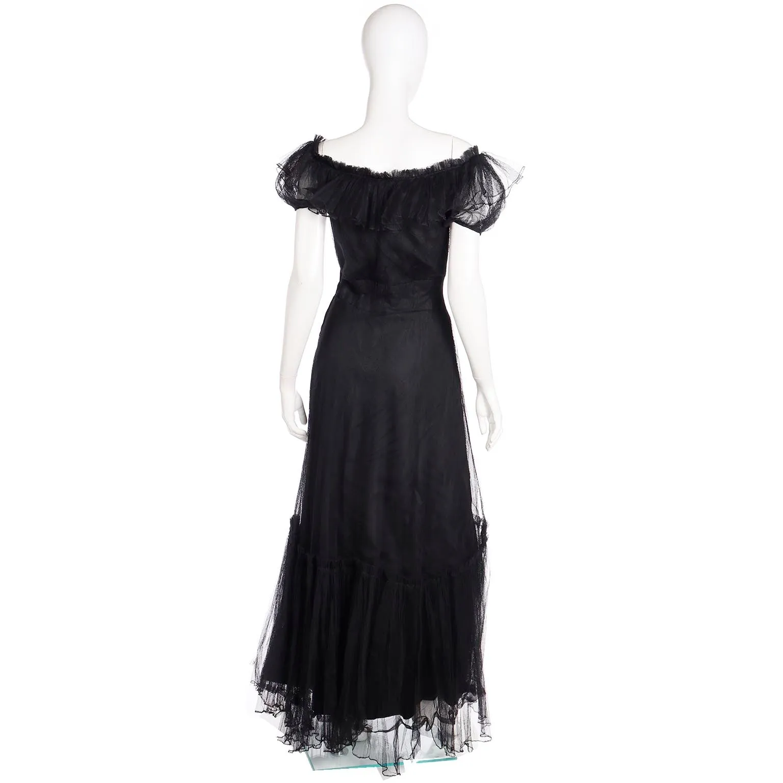 1940s Vintage Emma Domb Party Lines Black Net Evening Dress