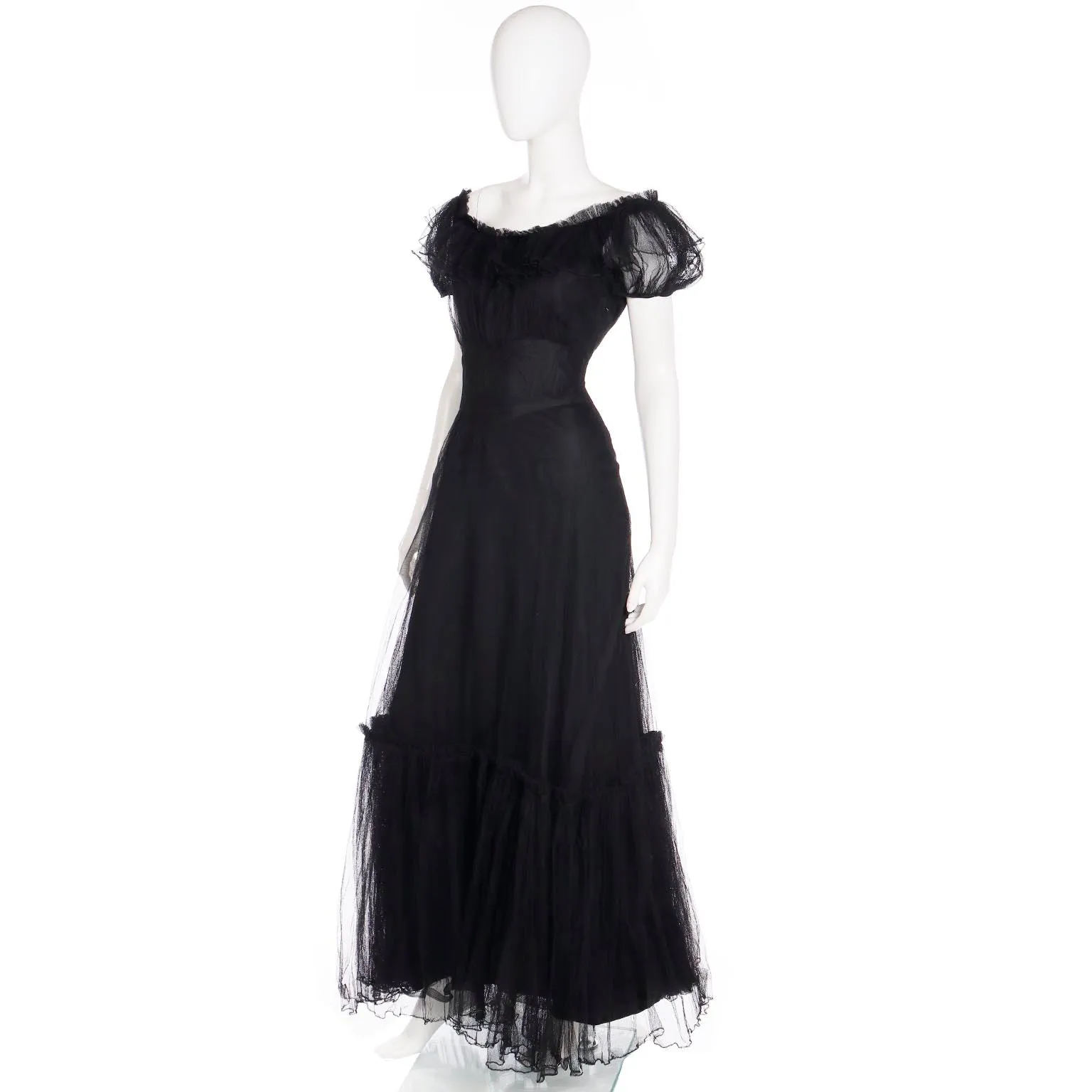 1940s Vintage Emma Domb Party Lines Black Net Evening Dress