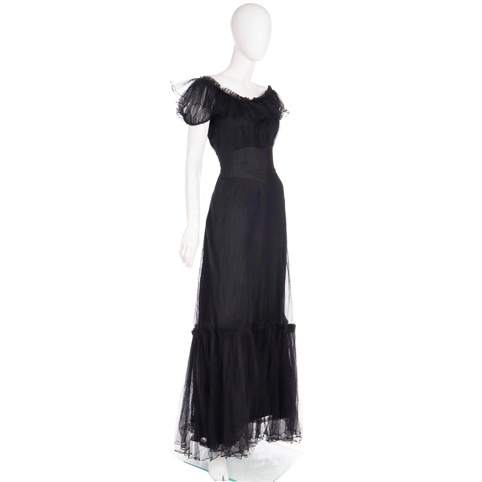 1940s Vintage Emma Domb Party Lines Black Net Evening Dress