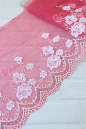 5YDS Dark Pink 7" Wide Embroidered Lace Trim