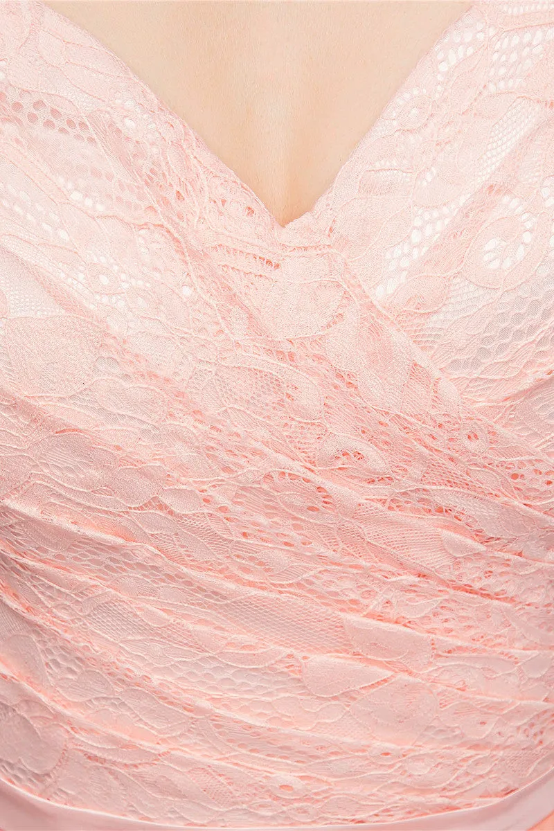 A-line Pink Off Shoulder Lace Prom Dresses