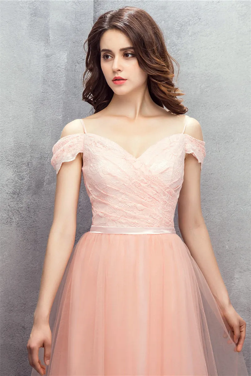 A-line Pink Off Shoulder Lace Prom Dresses