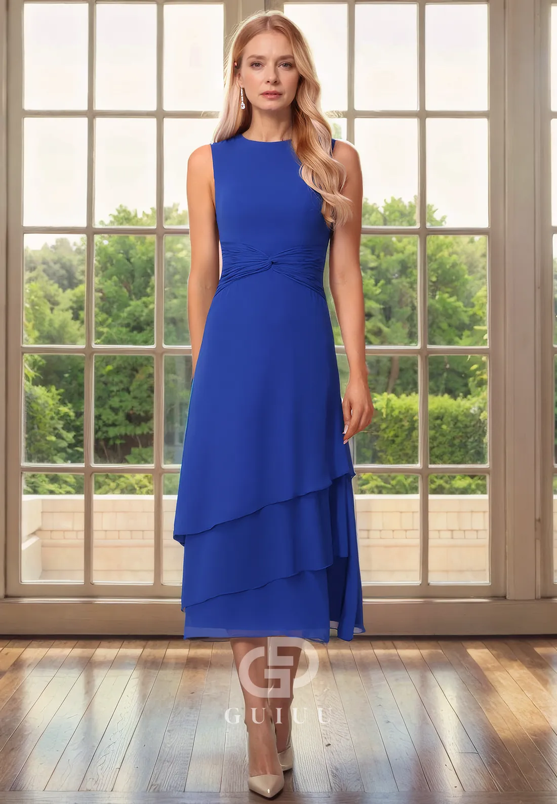 A-Line Two Piece High Neck Sleeveless Back Zipper Ruffles Chiffon Mother of Bride Dress