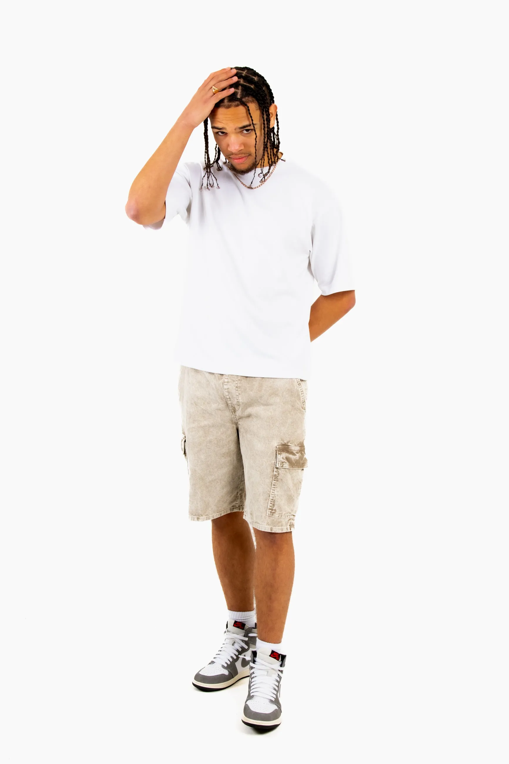 Acid Wash Beige Corduroy Cargo Shorts