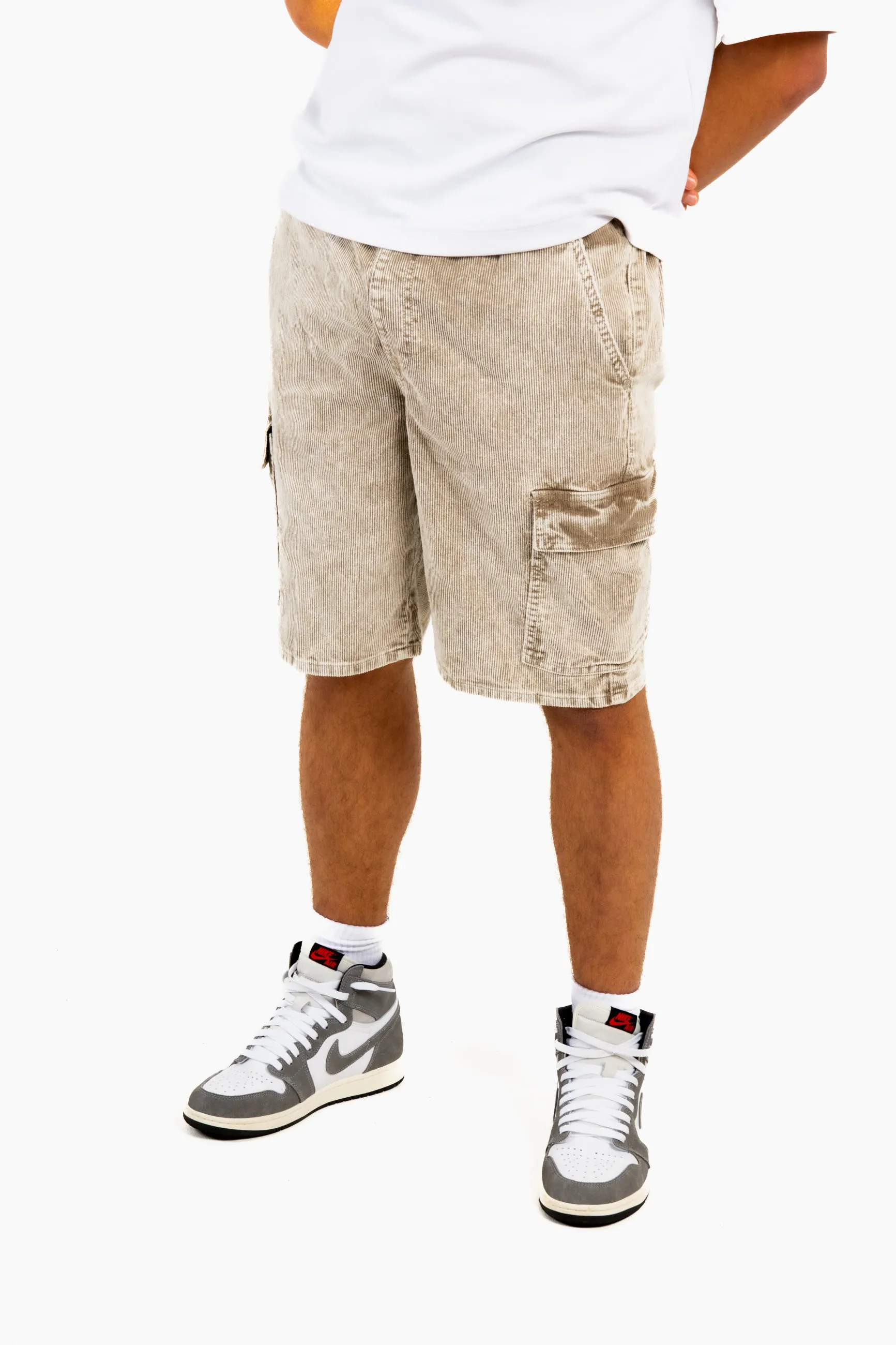 Acid Wash Beige Corduroy Cargo Shorts