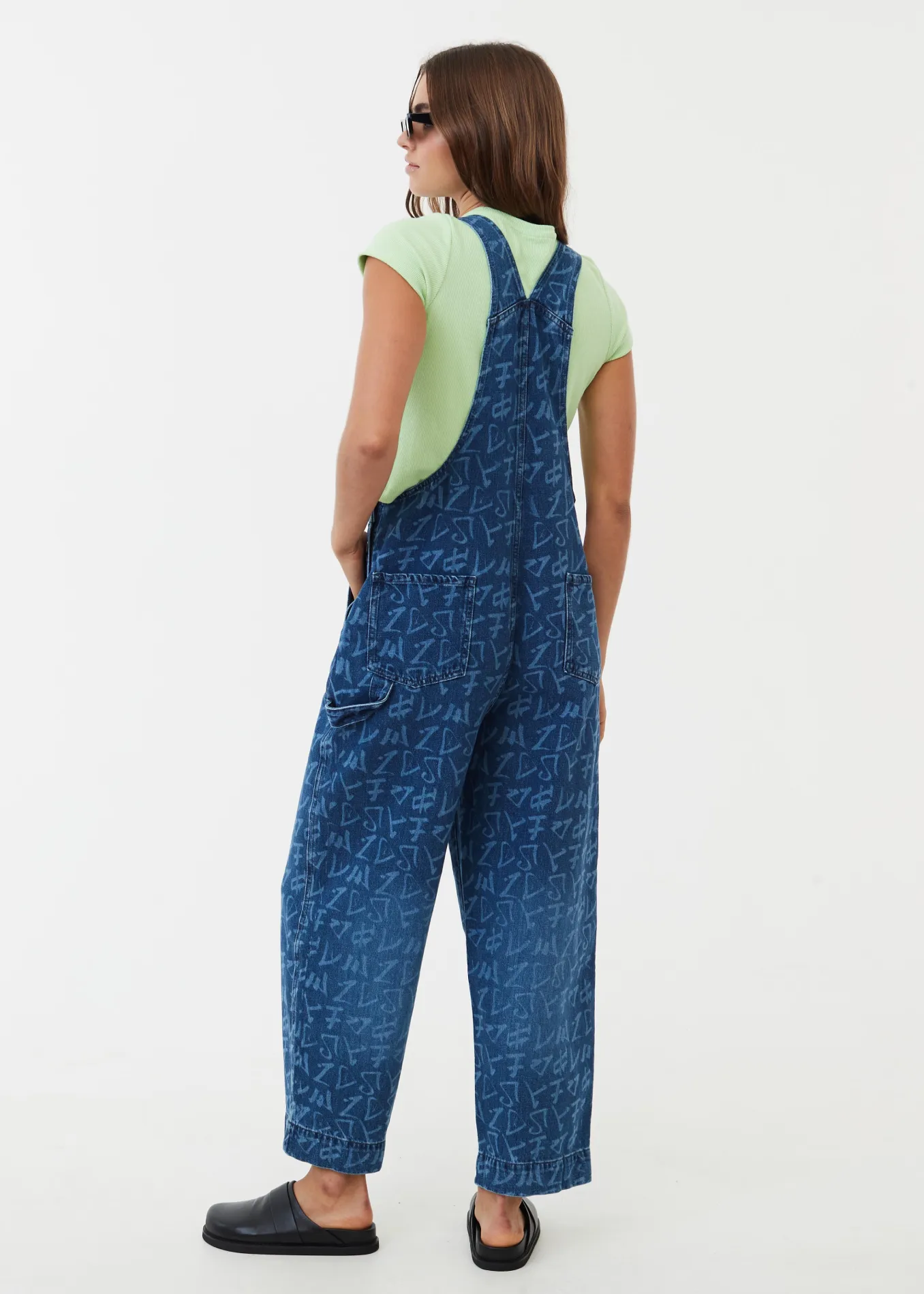 AFENDS Womens Tagged Louis - Denim Baggy Overalls - Graffiti Blue