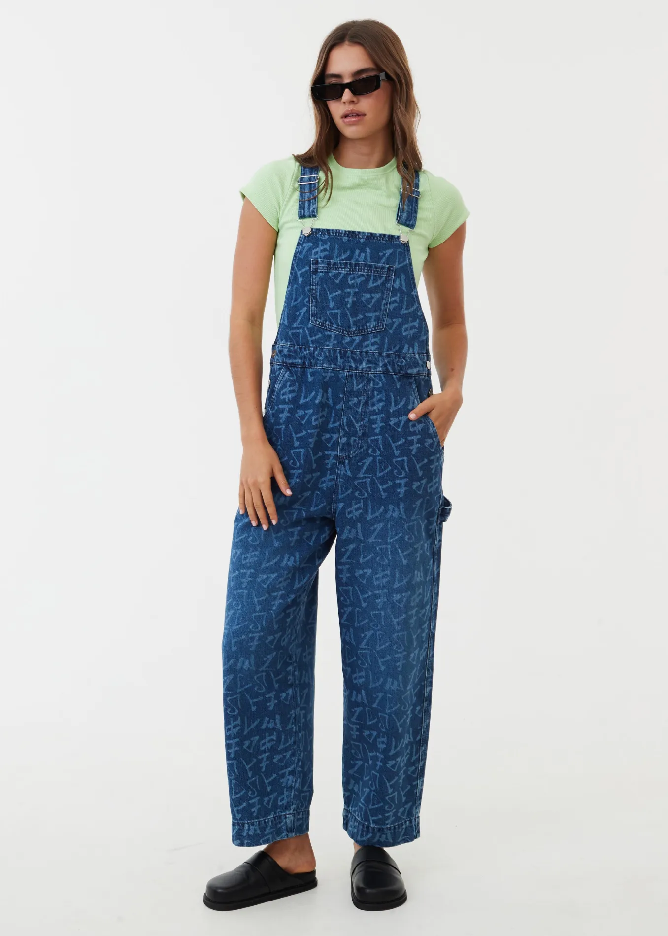 AFENDS Womens Tagged Louis - Denim Baggy Overalls - Graffiti Blue