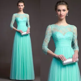 Beautiful 3/4 Sleeve Lace Pleated Long Party Dress