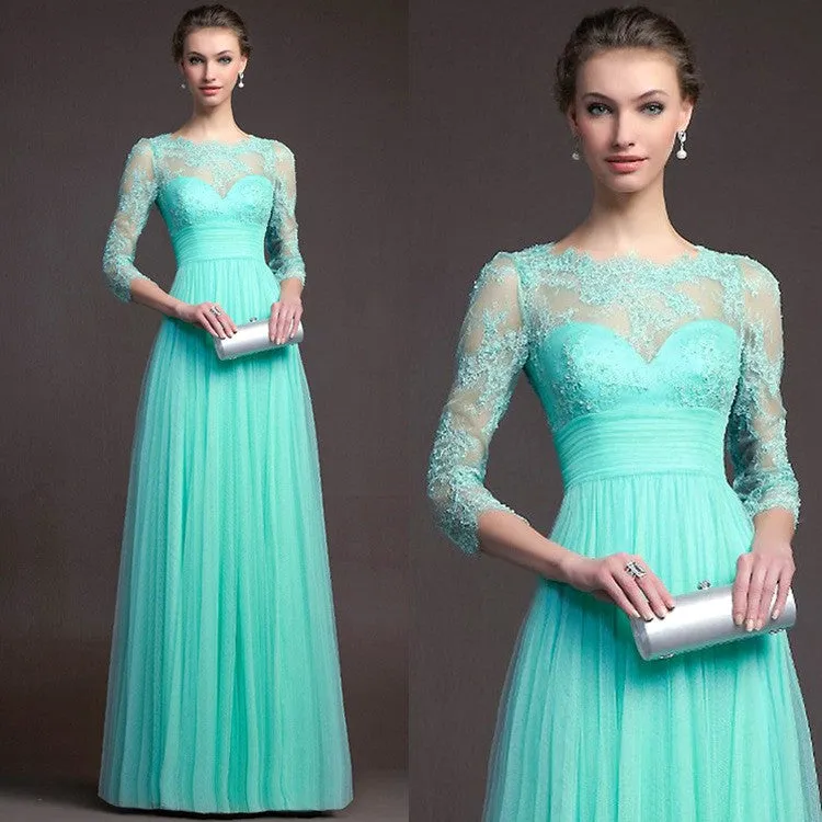 Beautiful 3/4 Sleeve Lace Pleated Long Party Dress