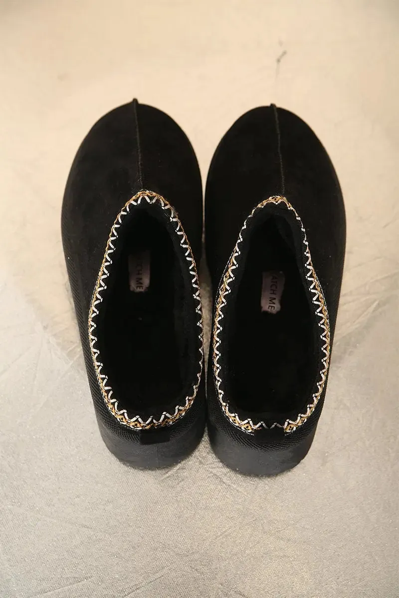 Black Casual Textured Fur Chunky Thermal Slip-On