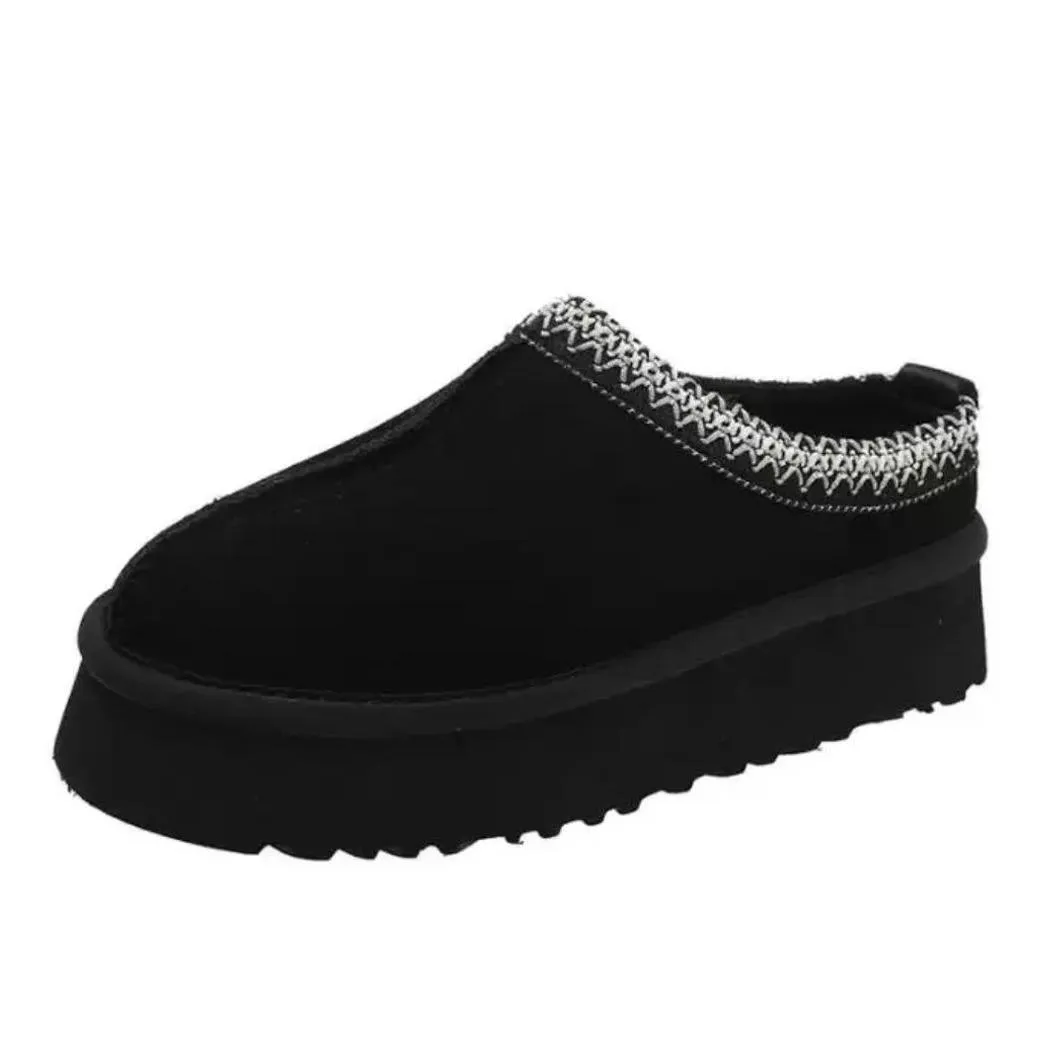 Black Casual Textured Fur Chunky Thermal Slip-On