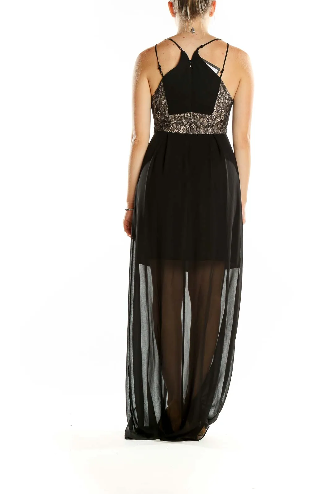 Black Lace-Trimmed Sheer Maxi Dress