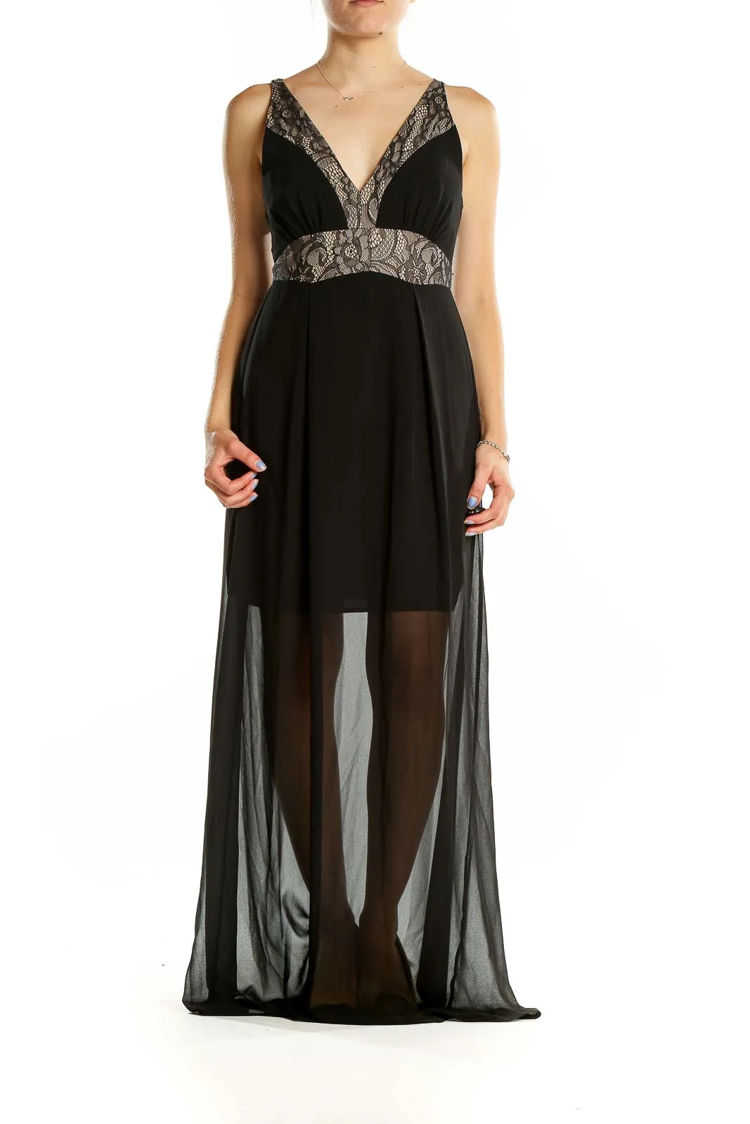 Black Lace-Trimmed Sheer Maxi Dress