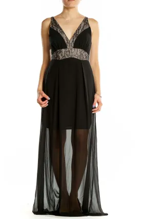 Black Lace-Trimmed Sheer Maxi Dress