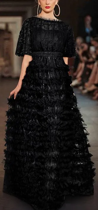 Black Ruffled-Mesh-Trim Gown