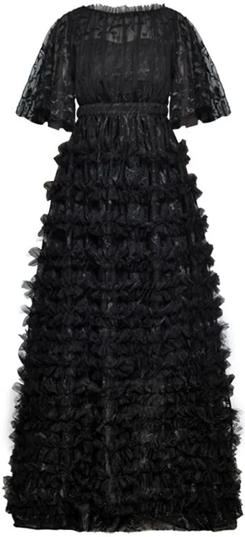 Black Ruffled-Mesh-Trim Gown