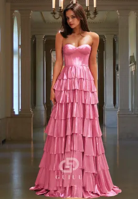 Candy Pink A-Line Strapless Sleeveless Prom Dress with Ruffles Corset Evening Party Dress