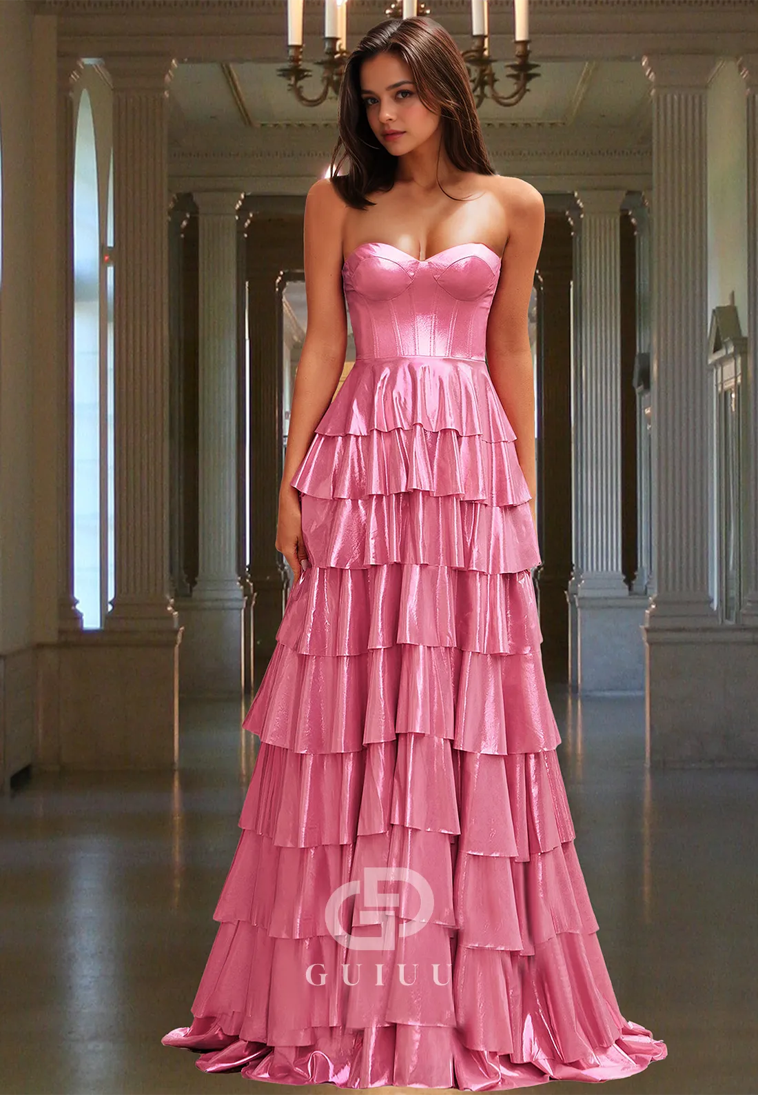 Candy Pink A-Line Strapless Sleeveless Prom Dress with Ruffles Corset Evening Party Dress