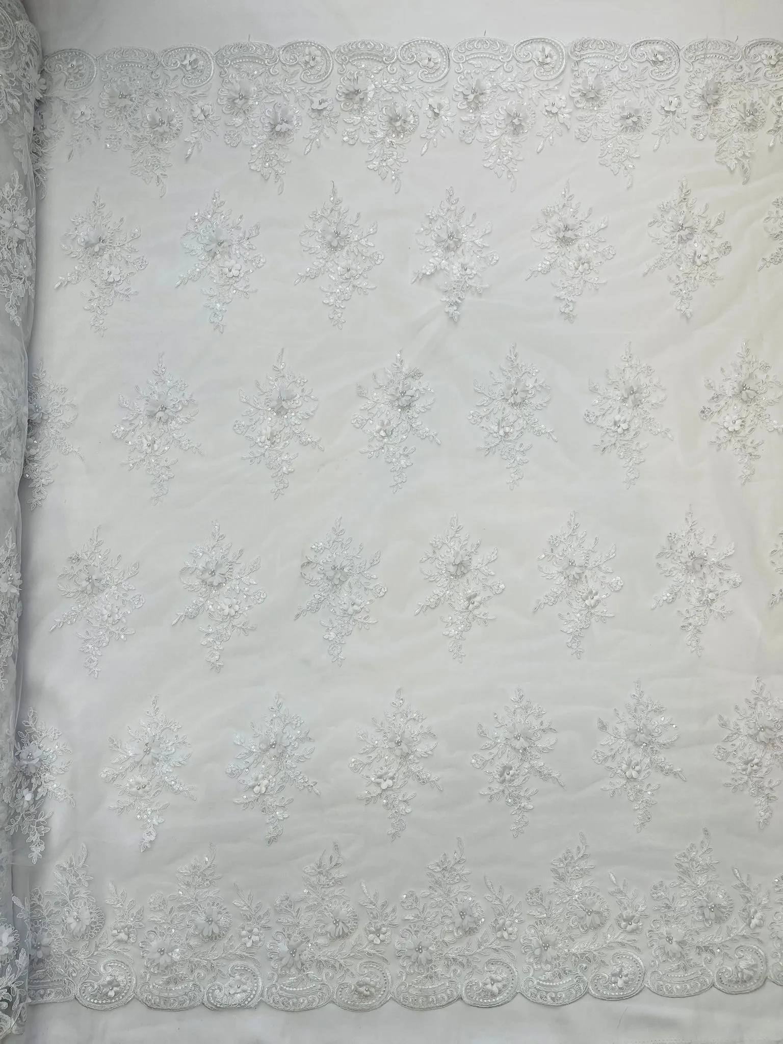 Daisy 3d floral Chiffon design embroider with pearls in a mesh lace-sold by the yard.