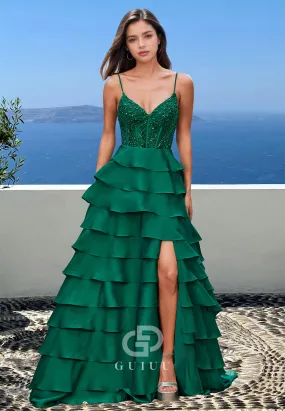 Dark Green Spaghetti Straps V-Neck Prom Dress with Ruffles Corset Evening Party Dress