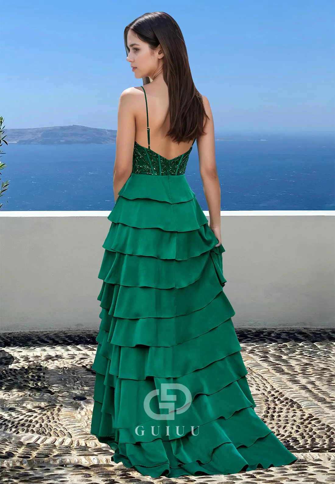 Dark Green Spaghetti Straps V-Neck Prom Dress with Ruffles Corset Evening Party Dress