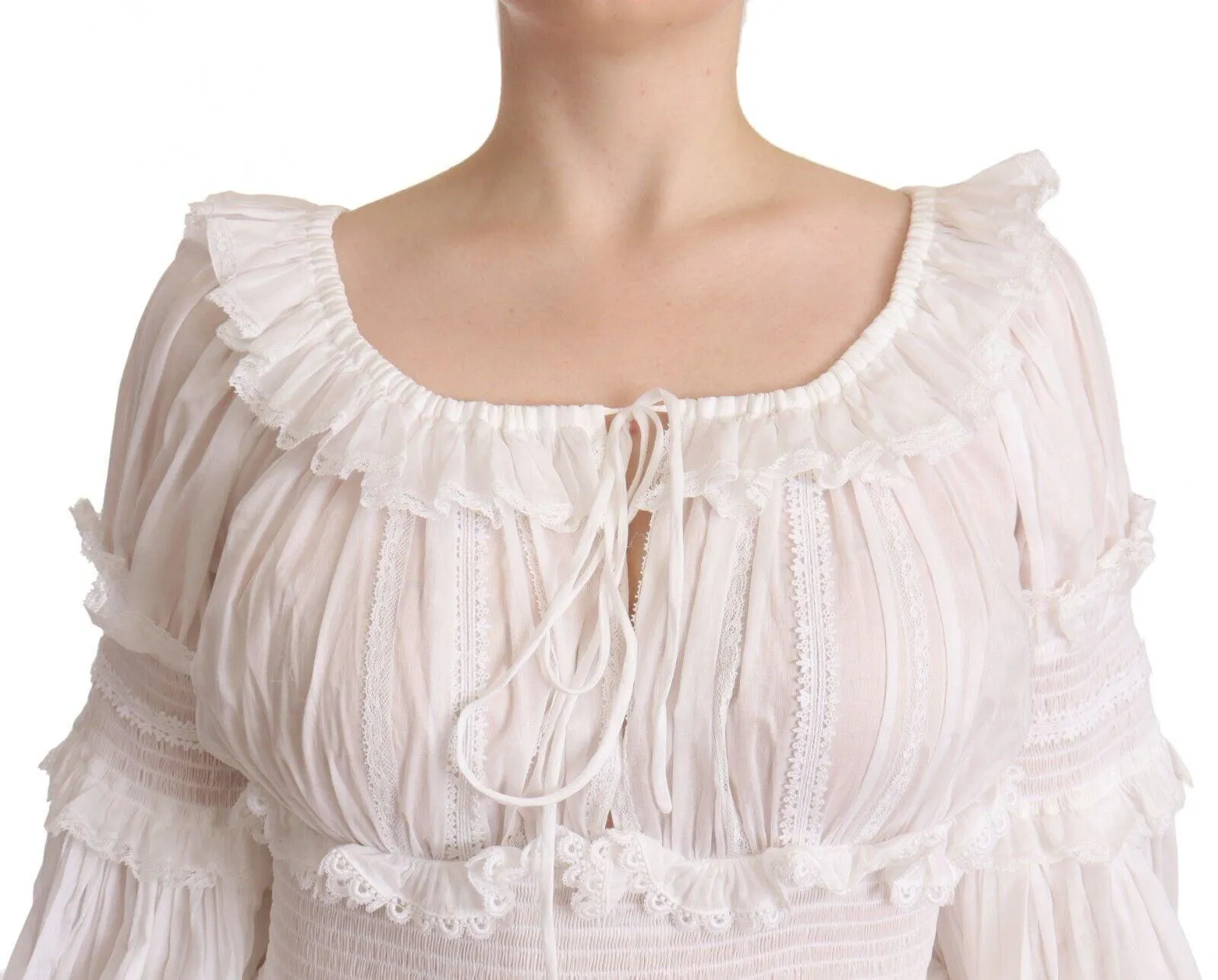 Dolce & Gabbana White Cotton Frilled Mousseline Off Shoulder Dress