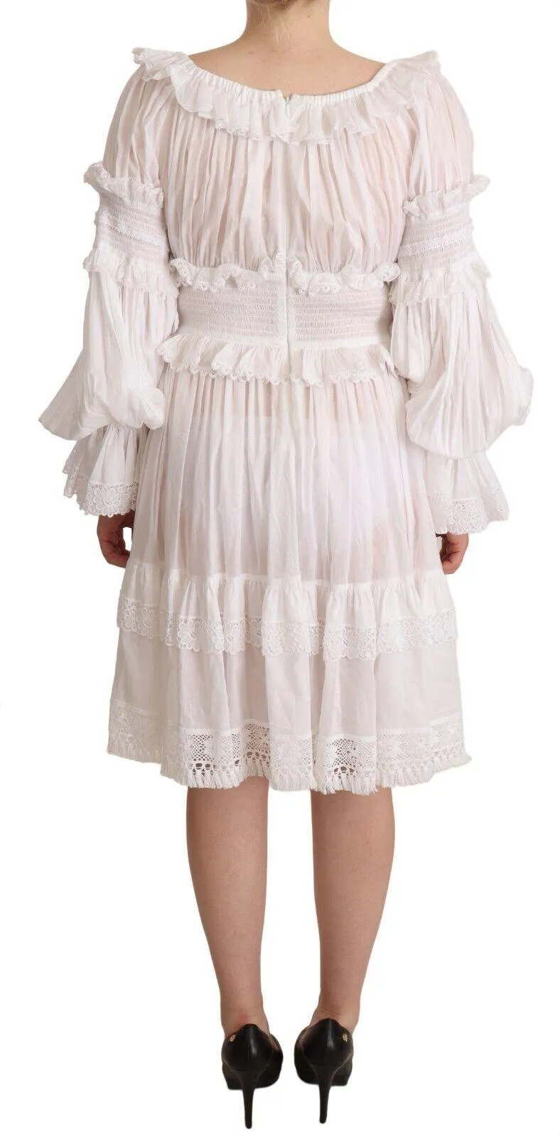 Dolce & Gabbana White Cotton Frilled Mousseline Off Shoulder Dress