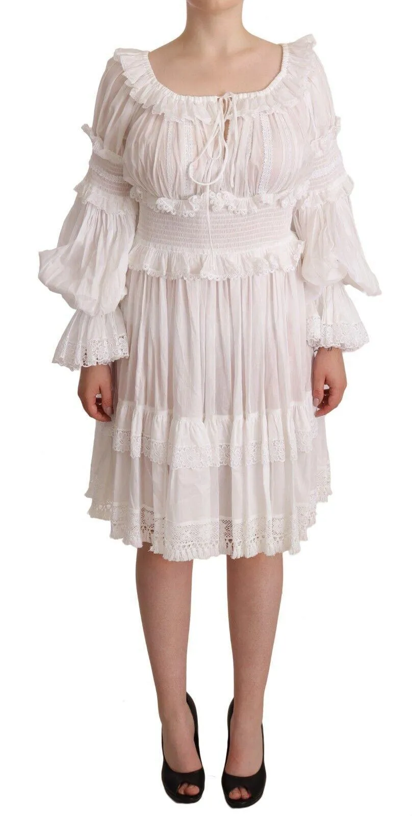 Dolce & Gabbana White Cotton Frilled Mousseline Off Shoulder Dress