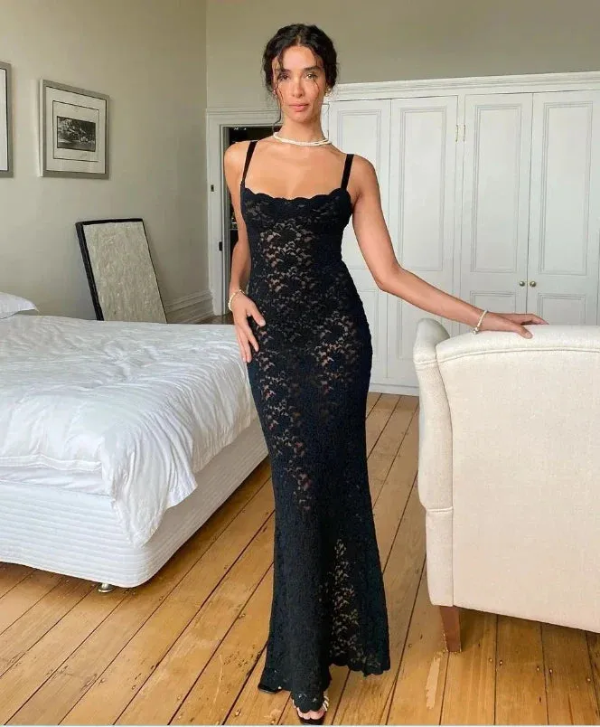 Elegant Lace Summer Maxi Sexy Spaghetti Straps Sleeveless See Through Party Evening Outfits Dress