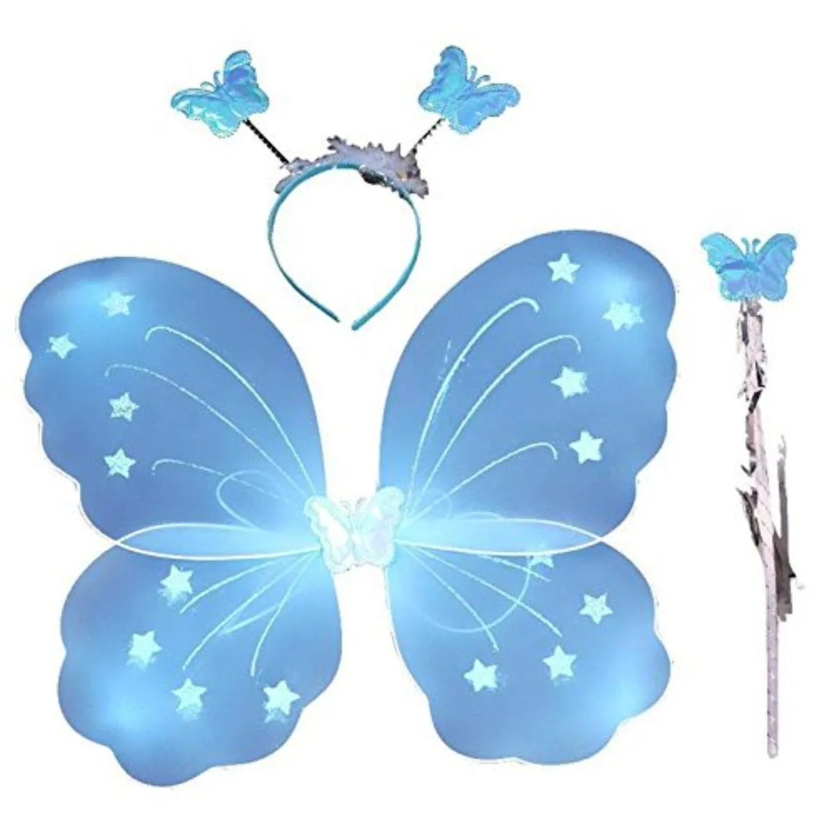 FancyDressWale Nylon Girls Butterfly Fairy Angel Wing, Wand and Hairband (Blue, Single)