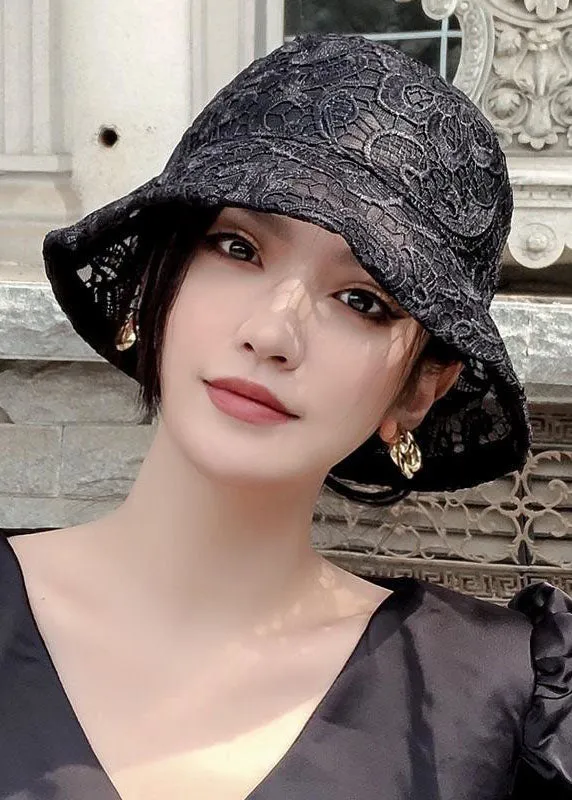 Fashion Black Hollow Out Floral Lace Bucket Hat