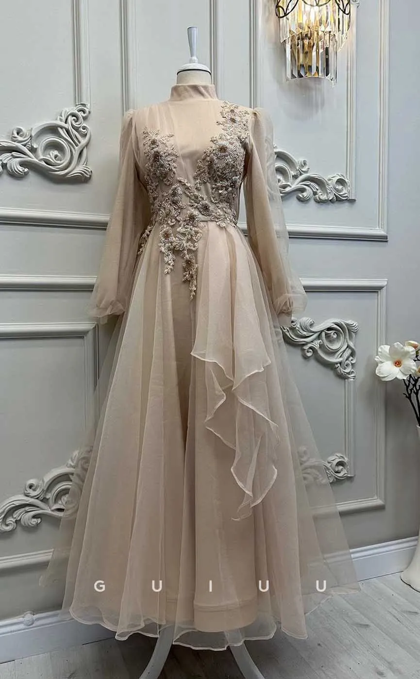 G4202 - Classic & Timeless A-Line High Neck Floral Beaded and Draped Formal Party Prom Dress with Long Bishop Sleeves and Ruffles