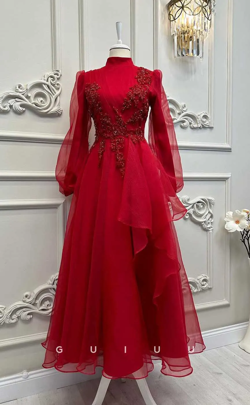 G4202 - Classic & Timeless A-Line High Neck Floral Beaded and Draped Formal Party Prom Dress with Long Bishop Sleeves and Ruffles