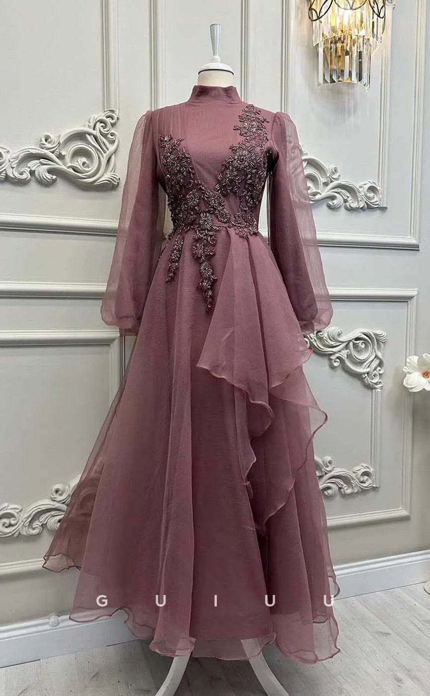 G4202 - Classic & Timeless A-Line High Neck Floral Beaded and Draped Formal Party Prom Dress with Long Bishop Sleeves and Ruffles