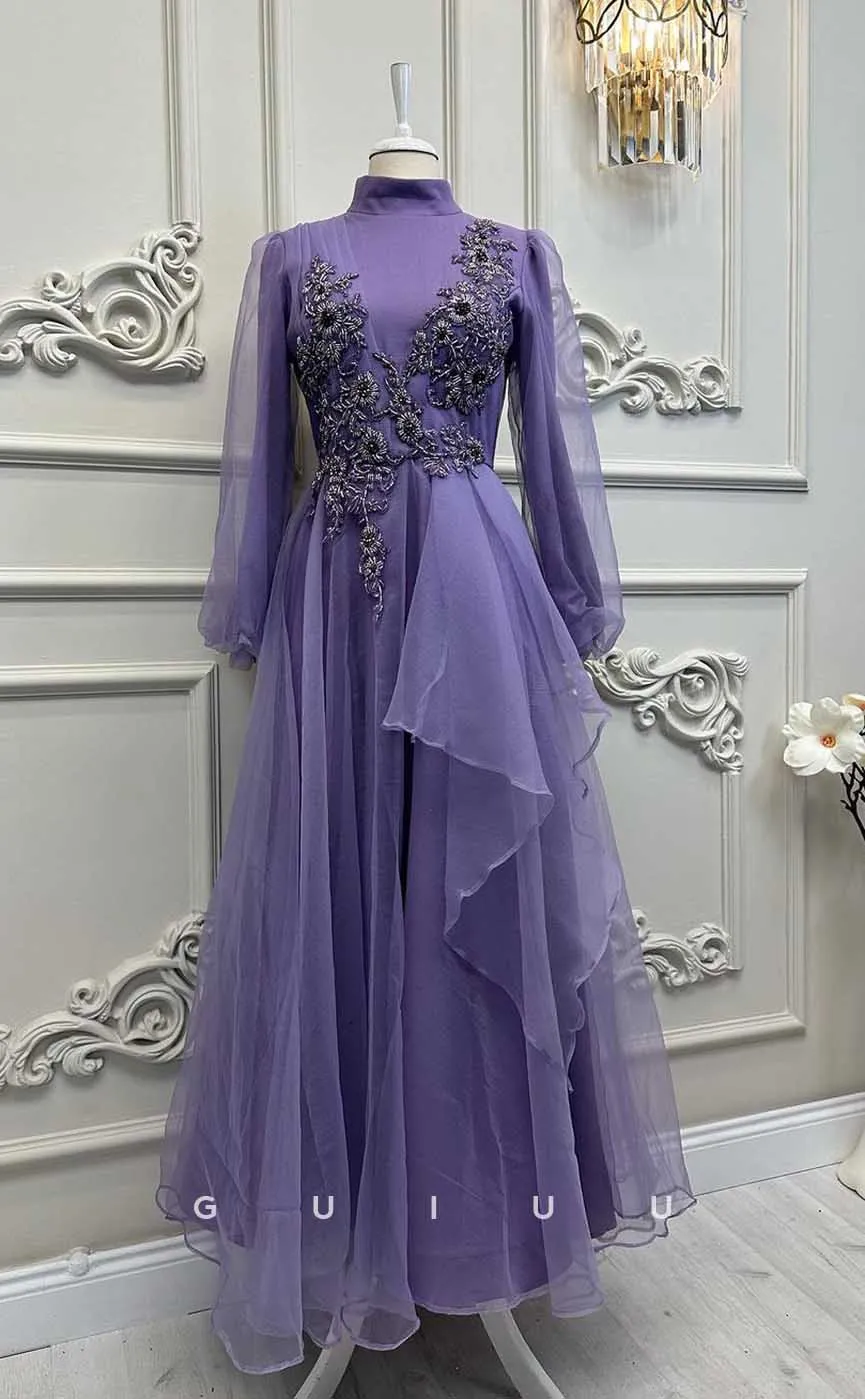 G4202 - Classic & Timeless A-Line High Neck Floral Beaded and Draped Formal Party Prom Dress with Long Bishop Sleeves and Ruffles