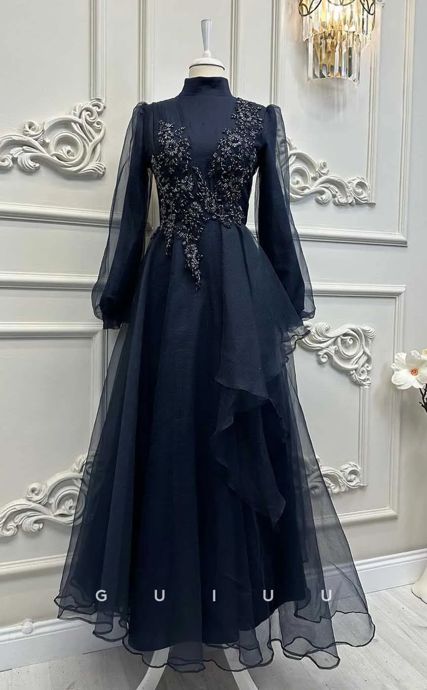 G4202 - Classic & Timeless A-Line High Neck Floral Beaded and Draped Formal Party Prom Dress with Long Bishop Sleeves and Ruffles