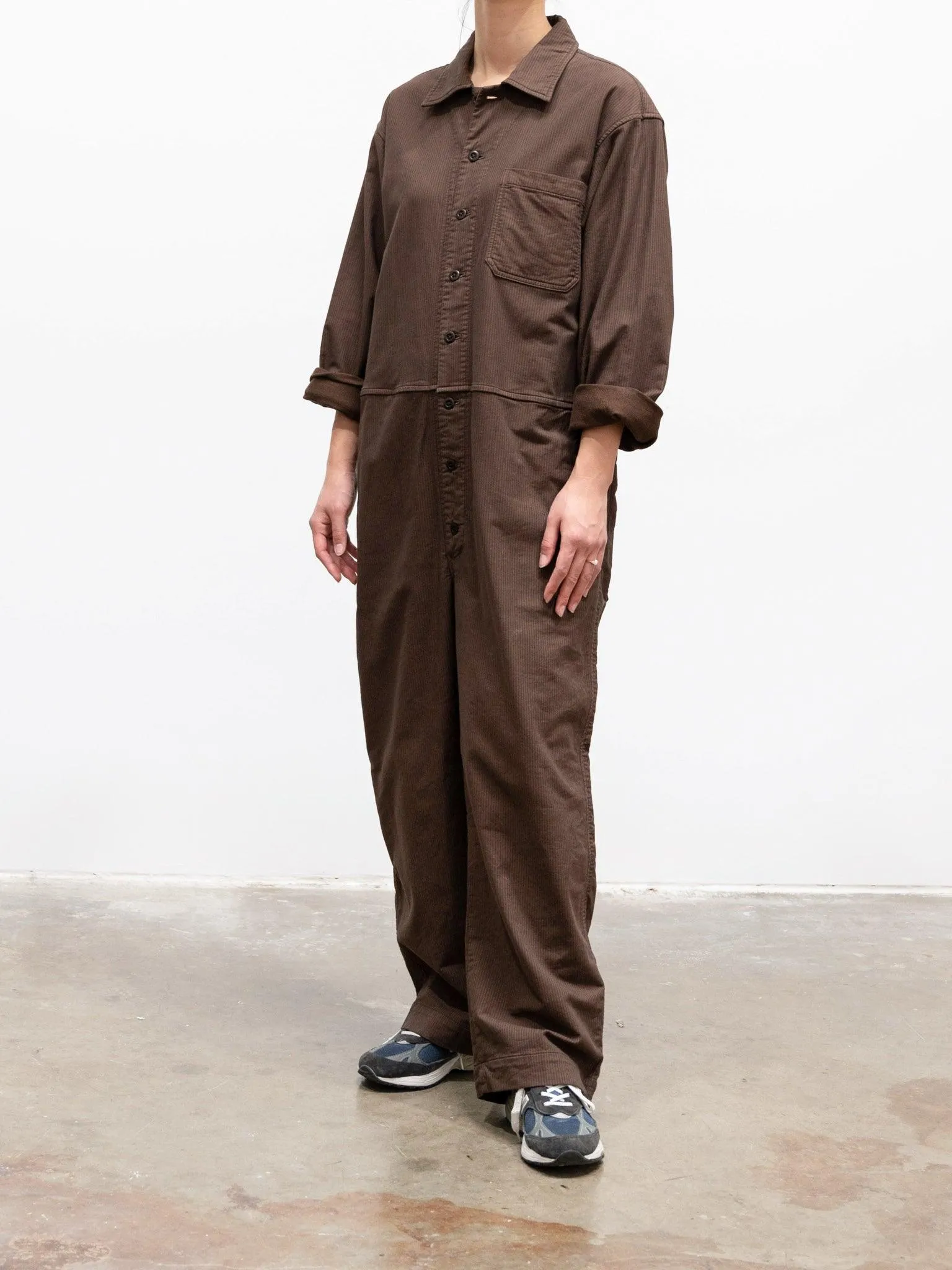 Garment Dyed Stripe Stretch Baggy Jumpsuit - Brown