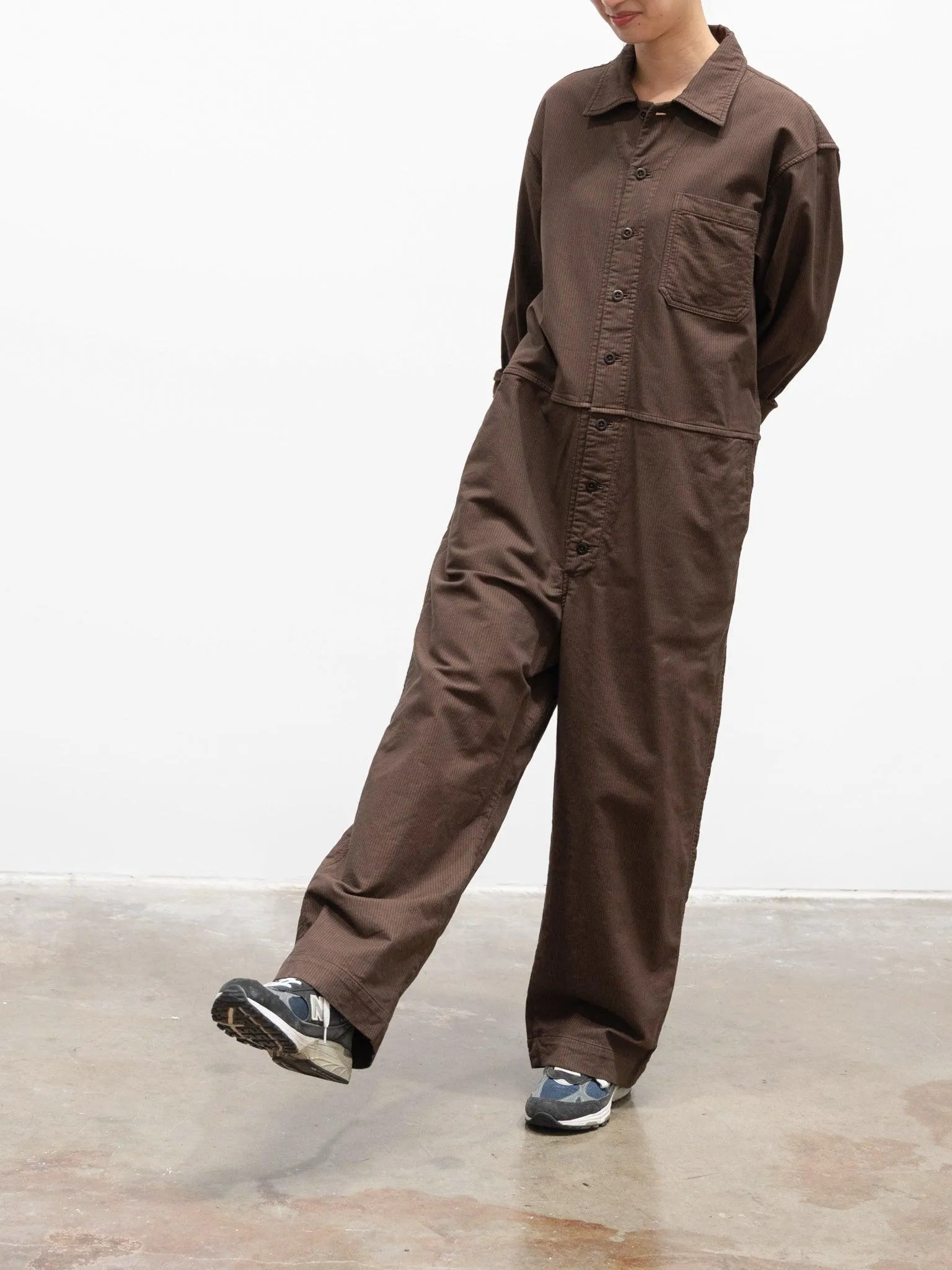 Garment Dyed Stripe Stretch Baggy Jumpsuit - Brown