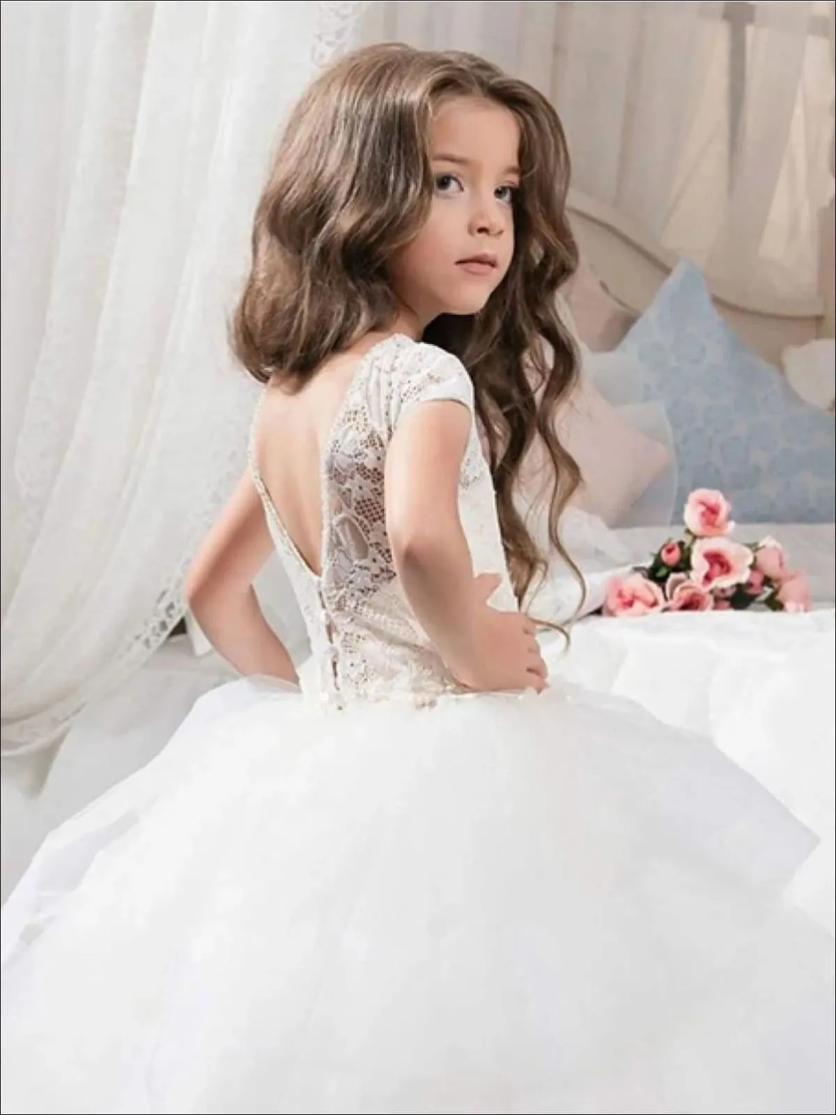 Girls Floral Lace Ruffled Tiered, Flower Girl And Pageant Gown