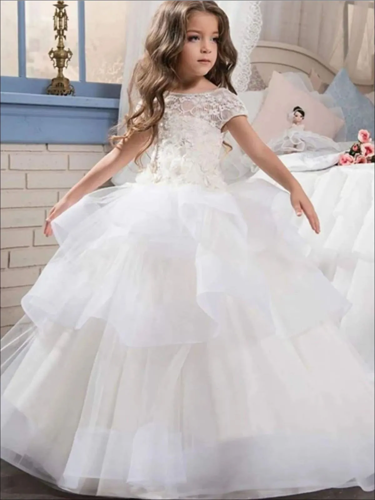 Girls Floral Lace Ruffled Tiered, Flower Girl And Pageant Gown