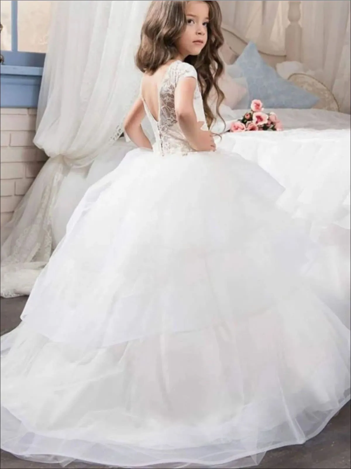 Girls Floral Lace Ruffled Tiered, Flower Girl And Pageant Gown