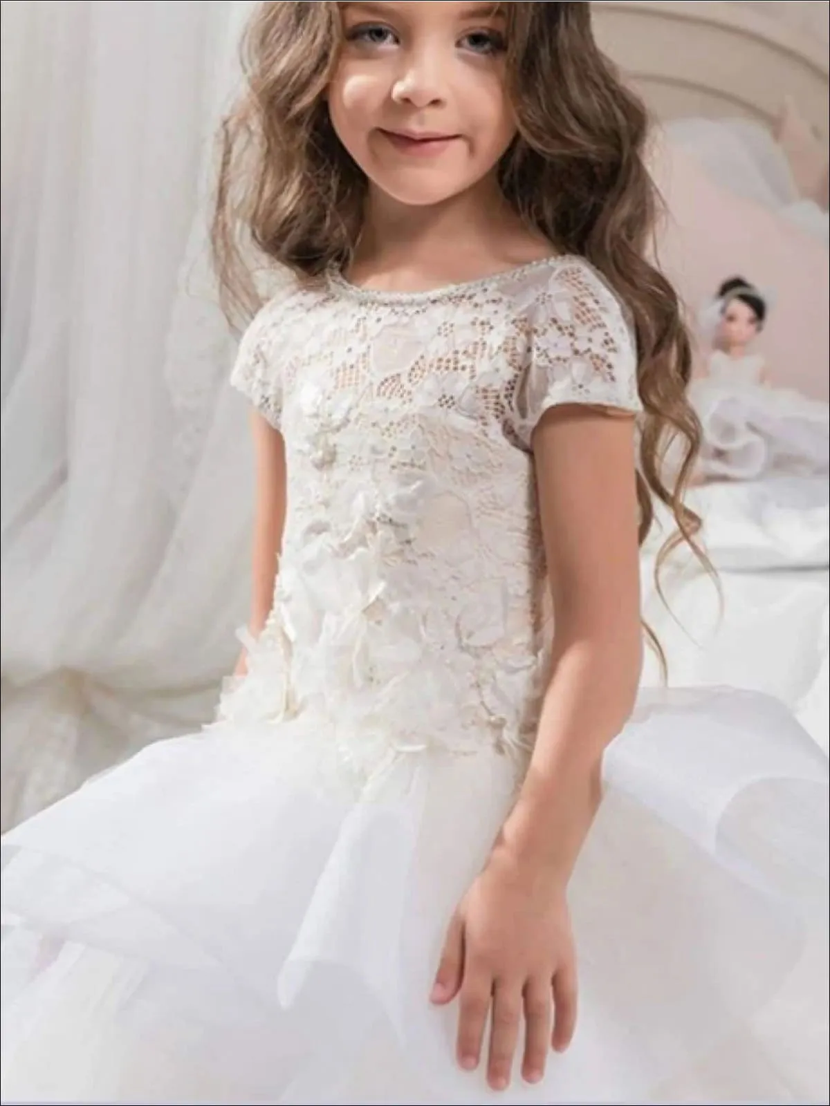 Girls Floral Lace Ruffled Tiered, Flower Girl And Pageant Gown