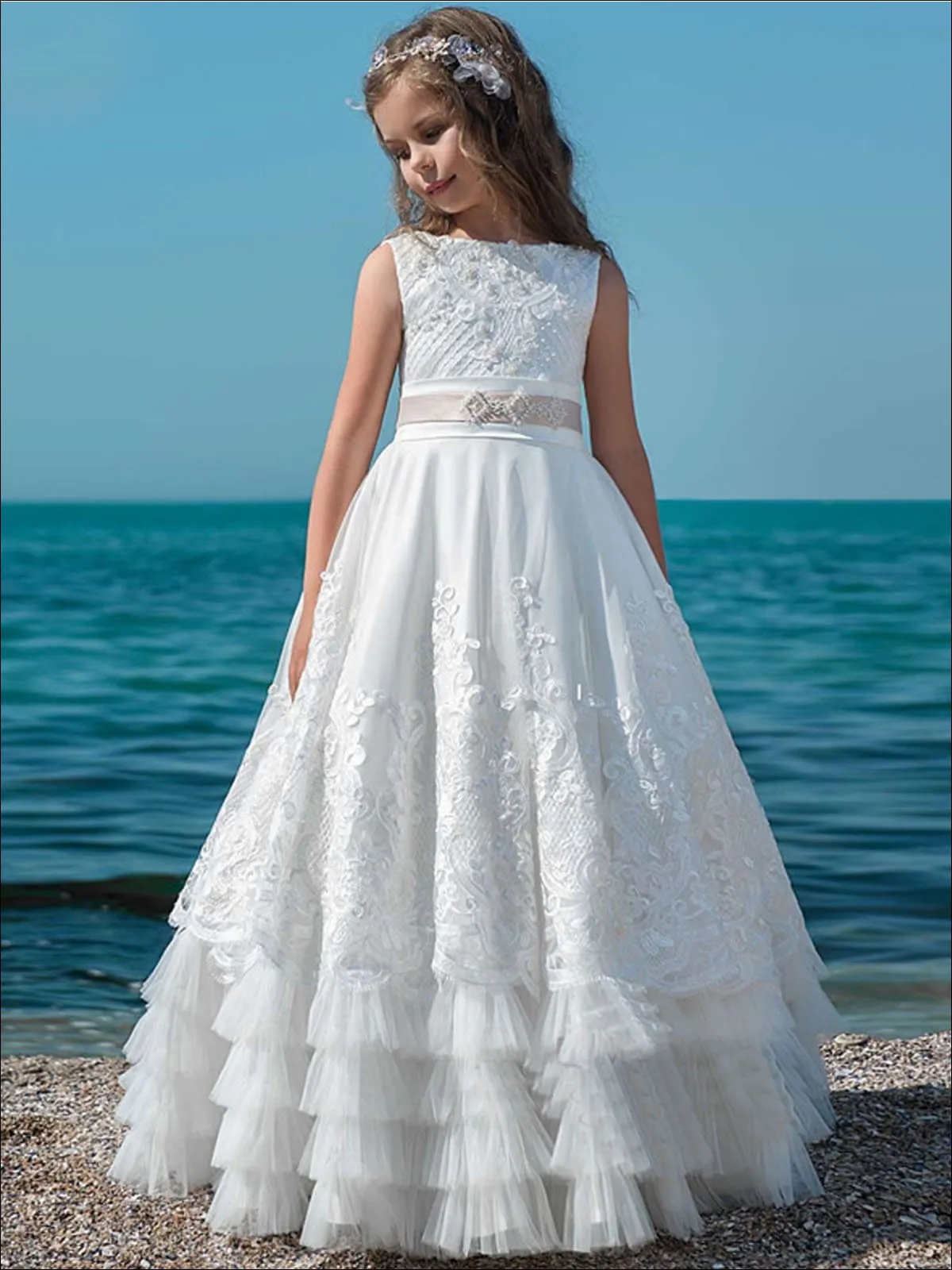 Girls Lace Ruffled White Communion Gown