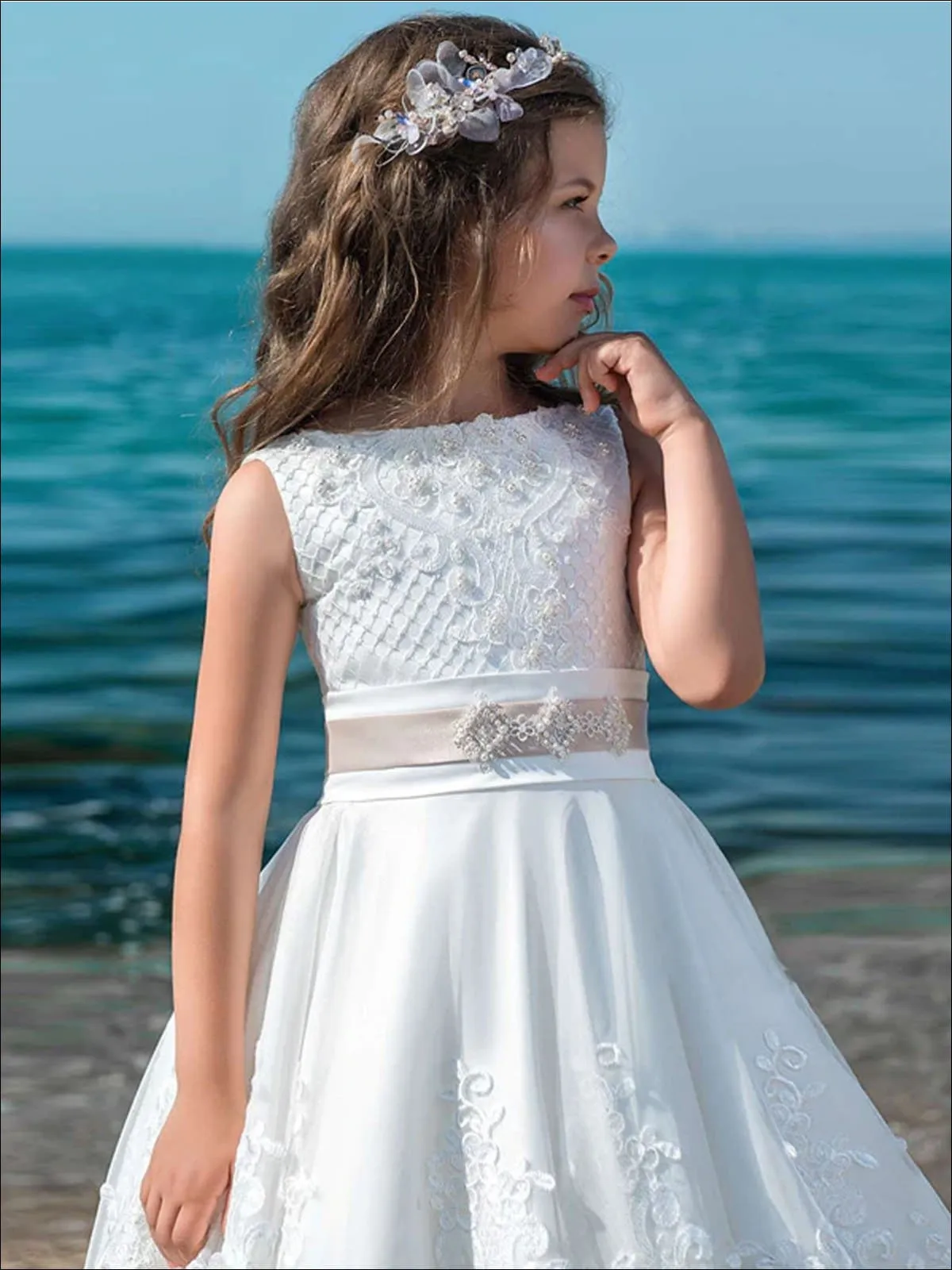 Girls Lace Ruffled White Communion Gown