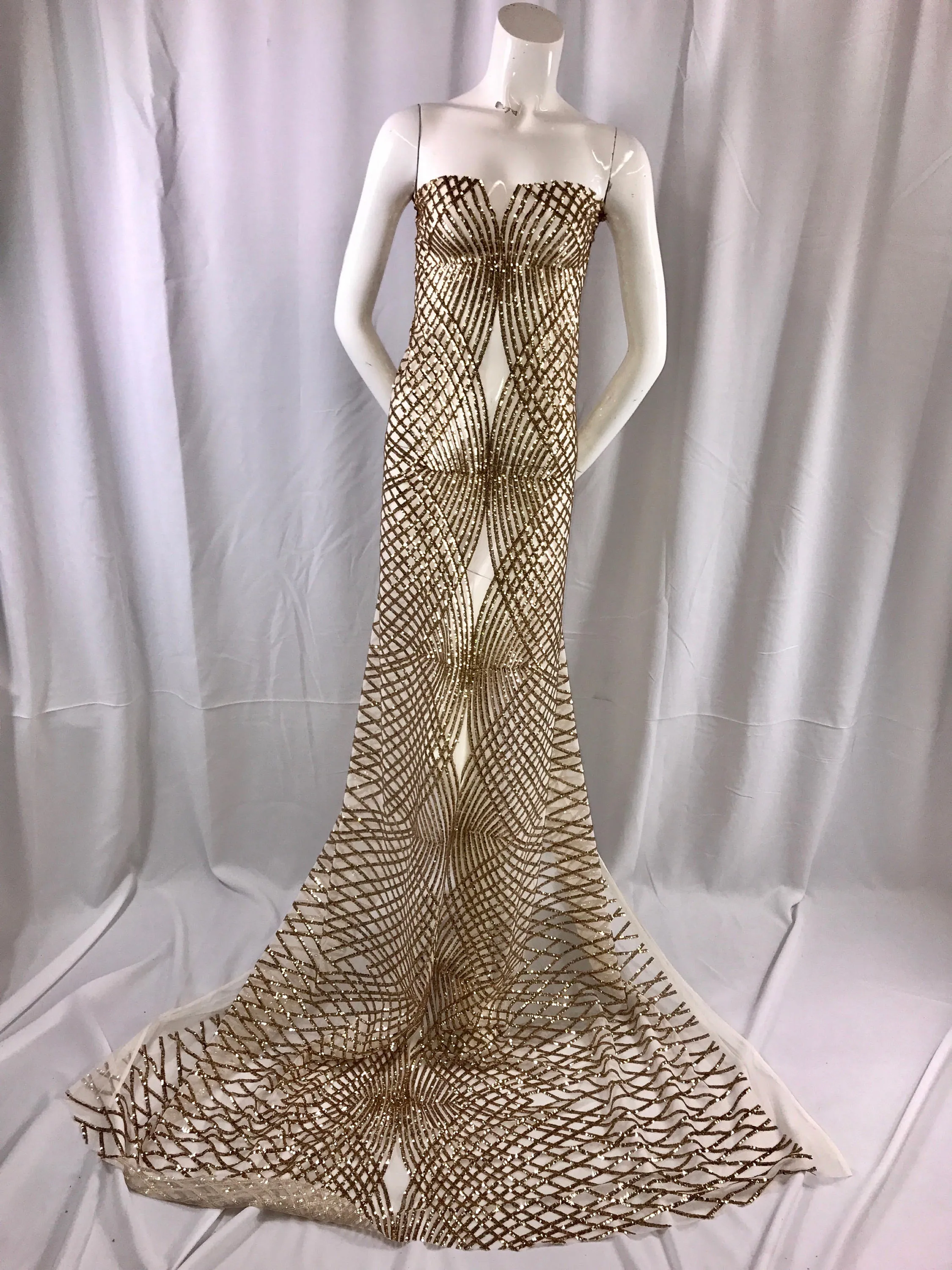 Gold venom diamond web-embroider with sequins on a ivory mesh lace fabric- wedding-bridal-prom-nightgown fabric-dresses-sold by the yard.