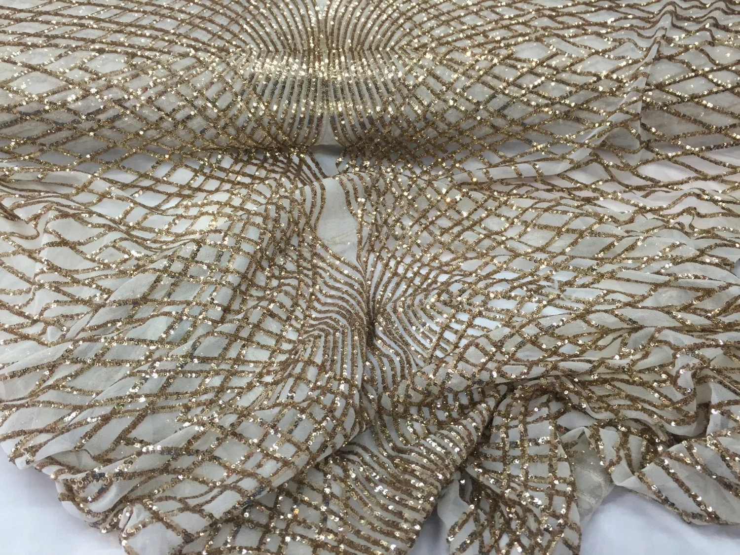 Gold venom diamond web-embroider with sequins on a ivory mesh lace fabric- wedding-bridal-prom-nightgown fabric-dresses-sold by the yard.