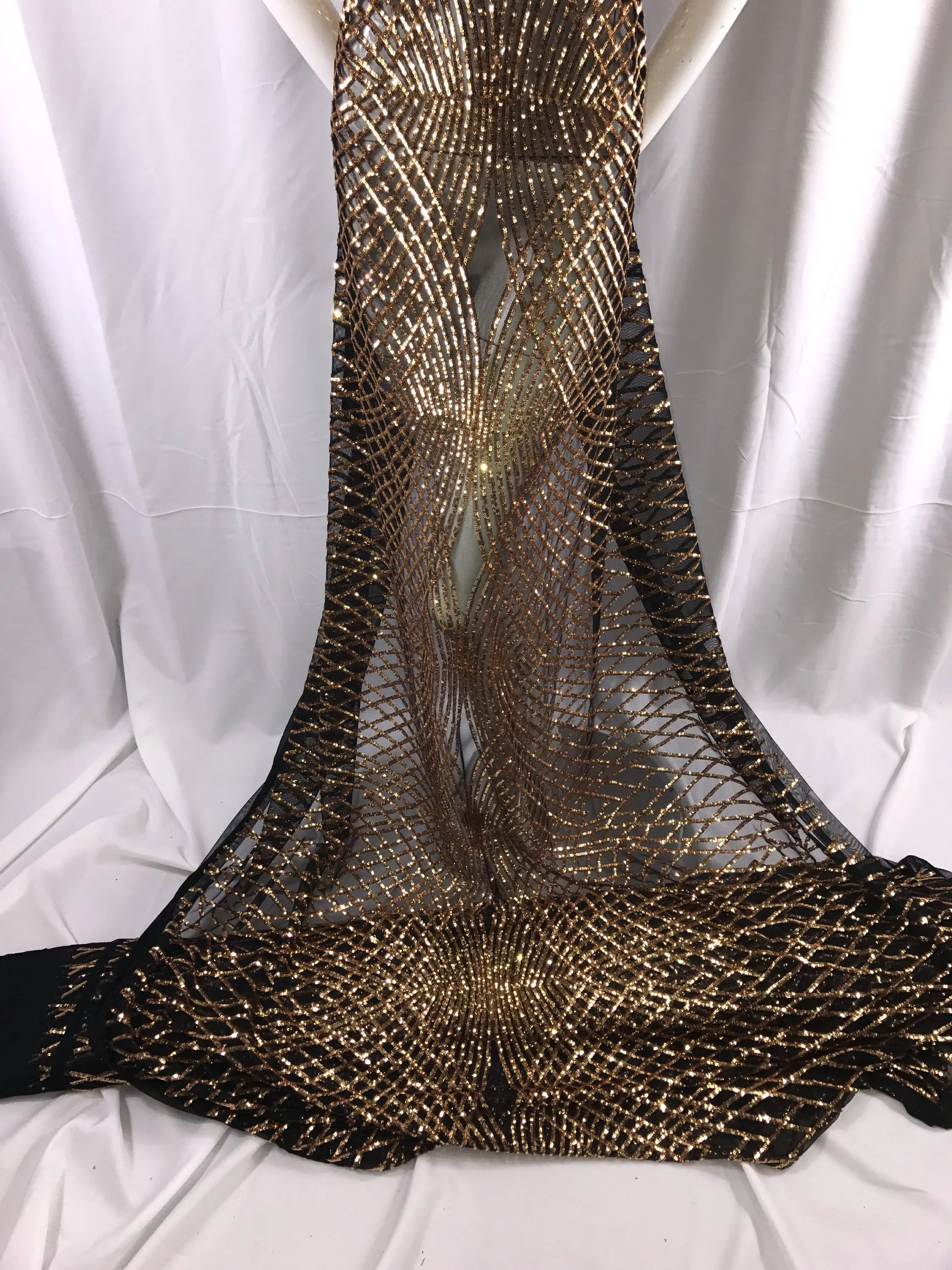 Gold venom dismond web-embroider with sequins on a black mesh lace fabric- wedding-bridal-prom-nightgown fabric-dresses-sold by the yard-