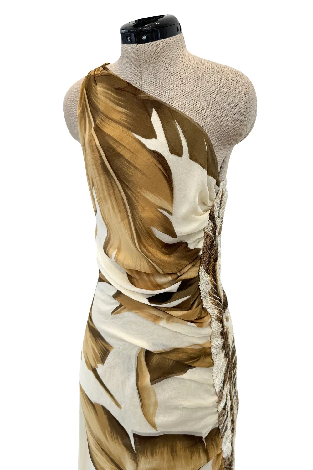 Gorgeous Spring 2003 Valentino Runway Look 59 Bias Cut Leaf Print Silk Dress w Sequin Detailing