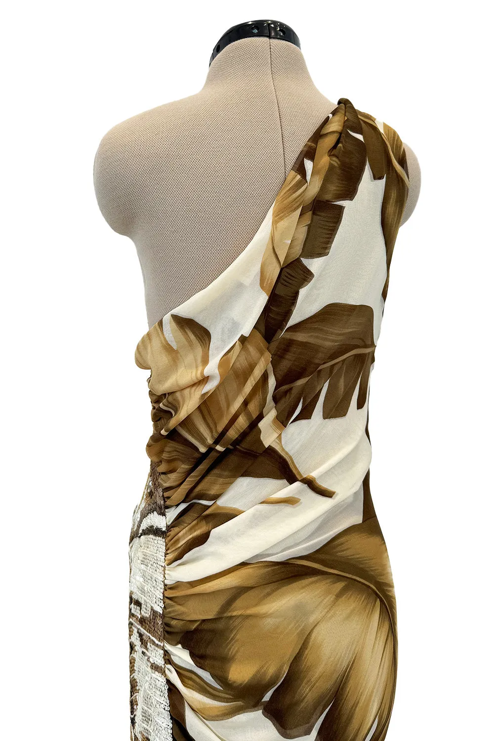 Gorgeous Spring 2003 Valentino Runway Look 59 Bias Cut Leaf Print Silk Dress w Sequin Detailing